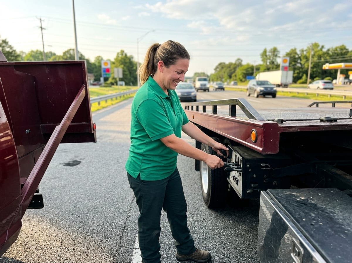 A tow truck operator secures a car to a flatbed before towing it down a city street.