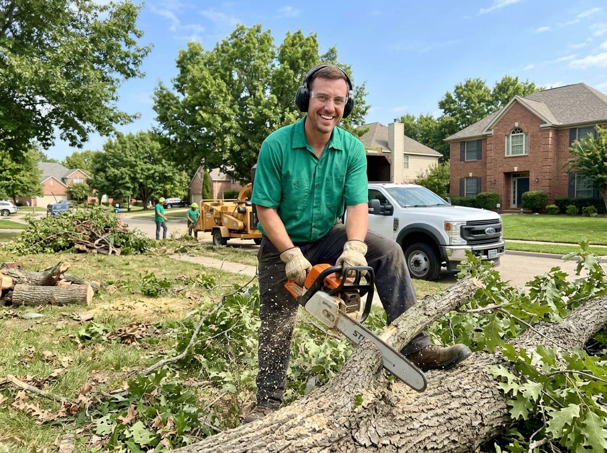 A tree climber in a harness and spikes trimming a large maple branch while a ground crew feeds the cut stems through a wood chipper in a residential backyard.
