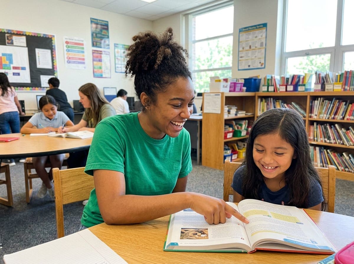 A tutor sits at a table with one student, working through a math worksheet together, with notebooks, pencils, and a laptop on the table.