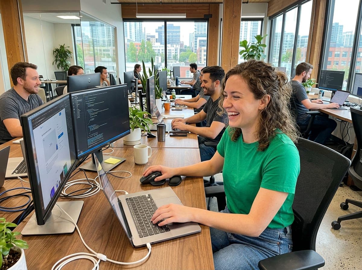 A web developer working on a client project at a large monitor with code visibly on the screen.