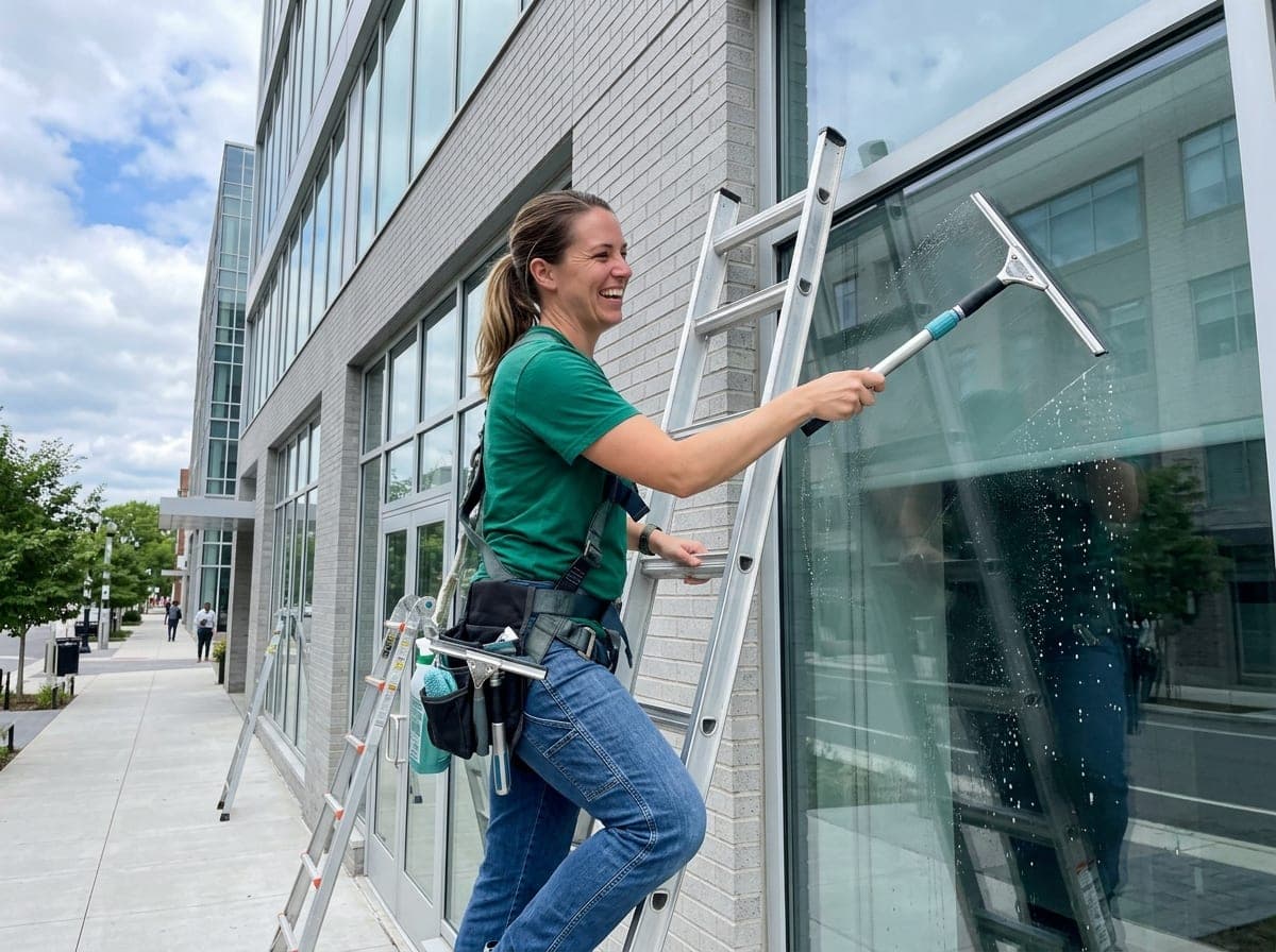 A window cleaner using a water-fed pole to wash the storefront windows of a small shop from the ground.